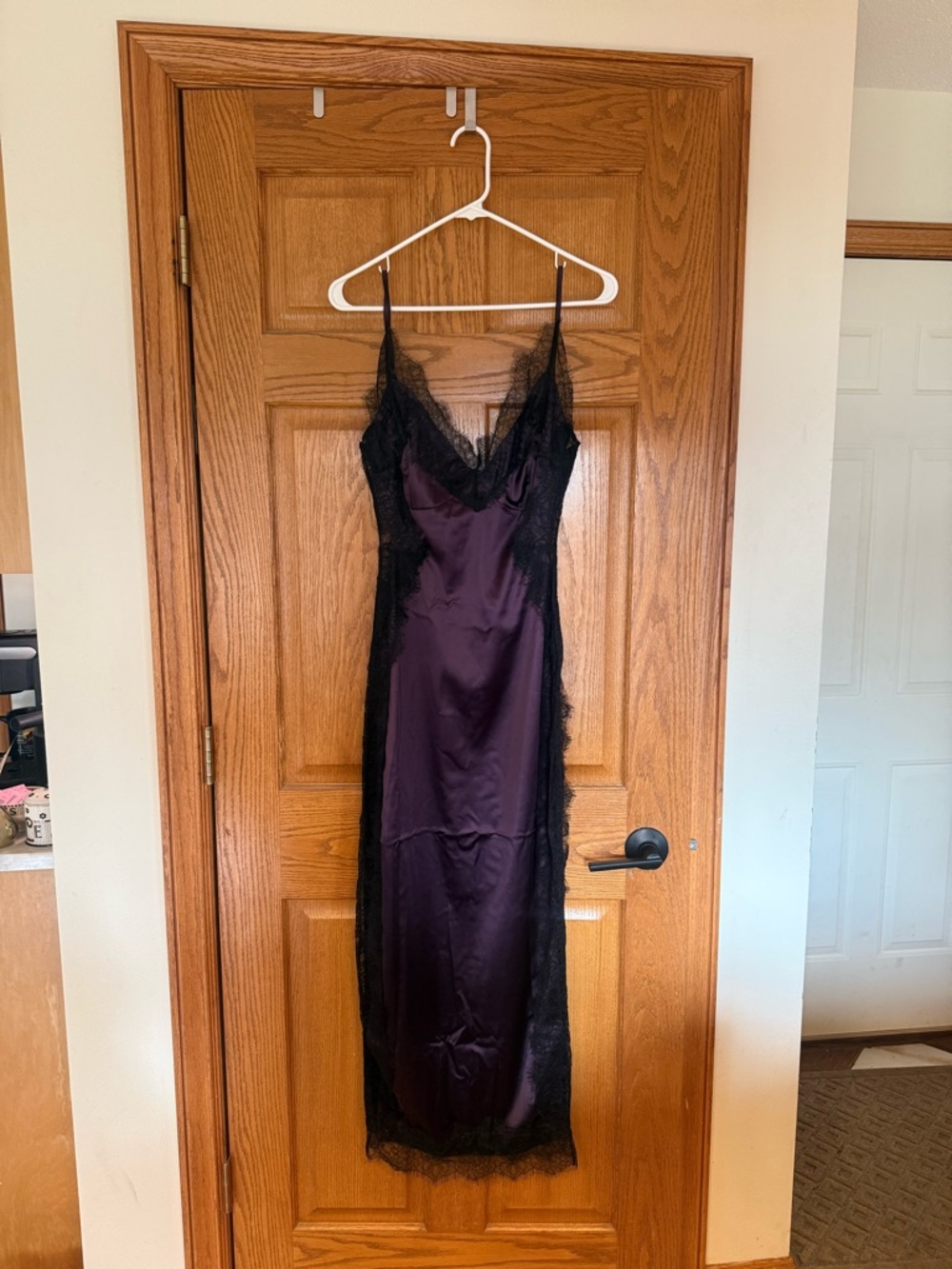 AKIRA Purple Satin Midi Slip Dress with Black Lace Trim